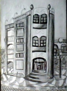 O prédio de grafite, desenhado um ano antes de pintar a tela.