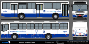 Mockup de um ônibus com a identidade visual da Menina dos Sonhos.