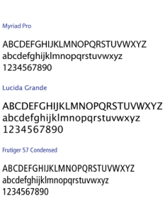 Esquema comparativo das tipologias Myriad, Lucida Grande e Frutiger 57 Condensed.