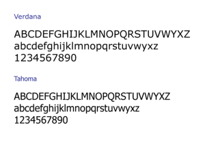 Esquema comparativo das tipologias Verdana e Tahoma.