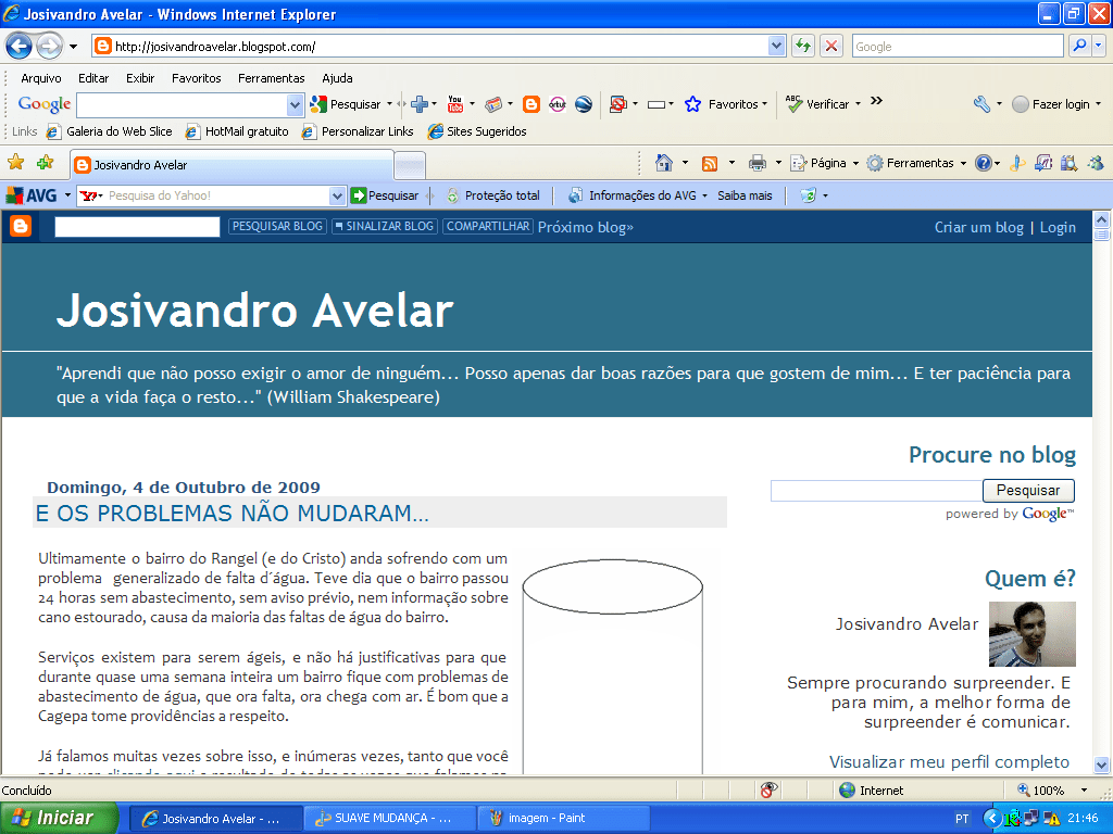 Print do jurássico Internet Explorer exibindo o Blog Josivandro Avelar em 2009.