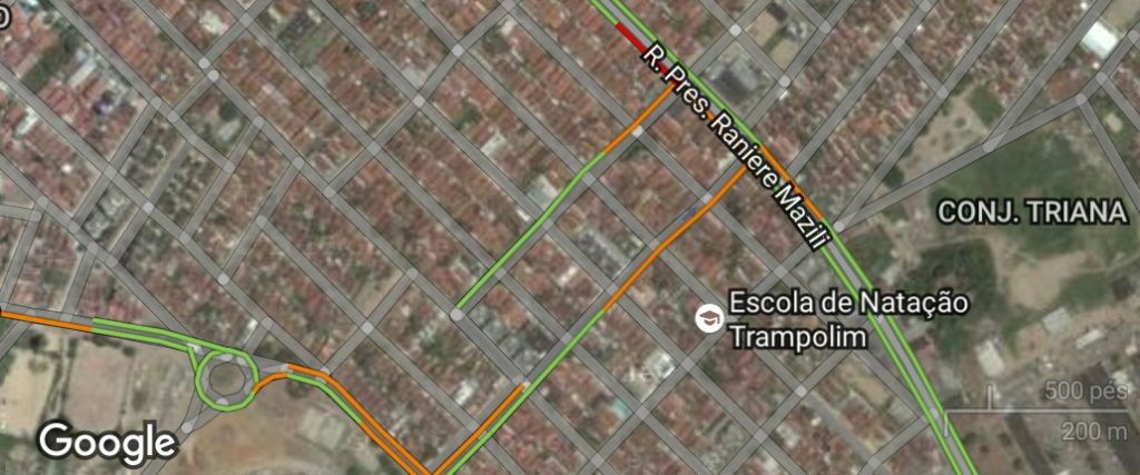 ILUSTRANDO A LISTA- MÃO DUPLA PARA QUÊ? 4 Mapa de trânsito do Google Maps mostrando as vias entre a Ranieri Mazzili e o Almeidão. Perceba que há uma linha na via paralela da Napoleão Duré. Educar os motoristas aqui não é problema, eles já fazem essa mão única informalmente.
