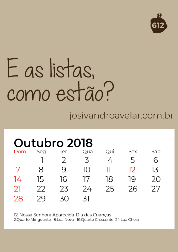 calendário outubro 2018