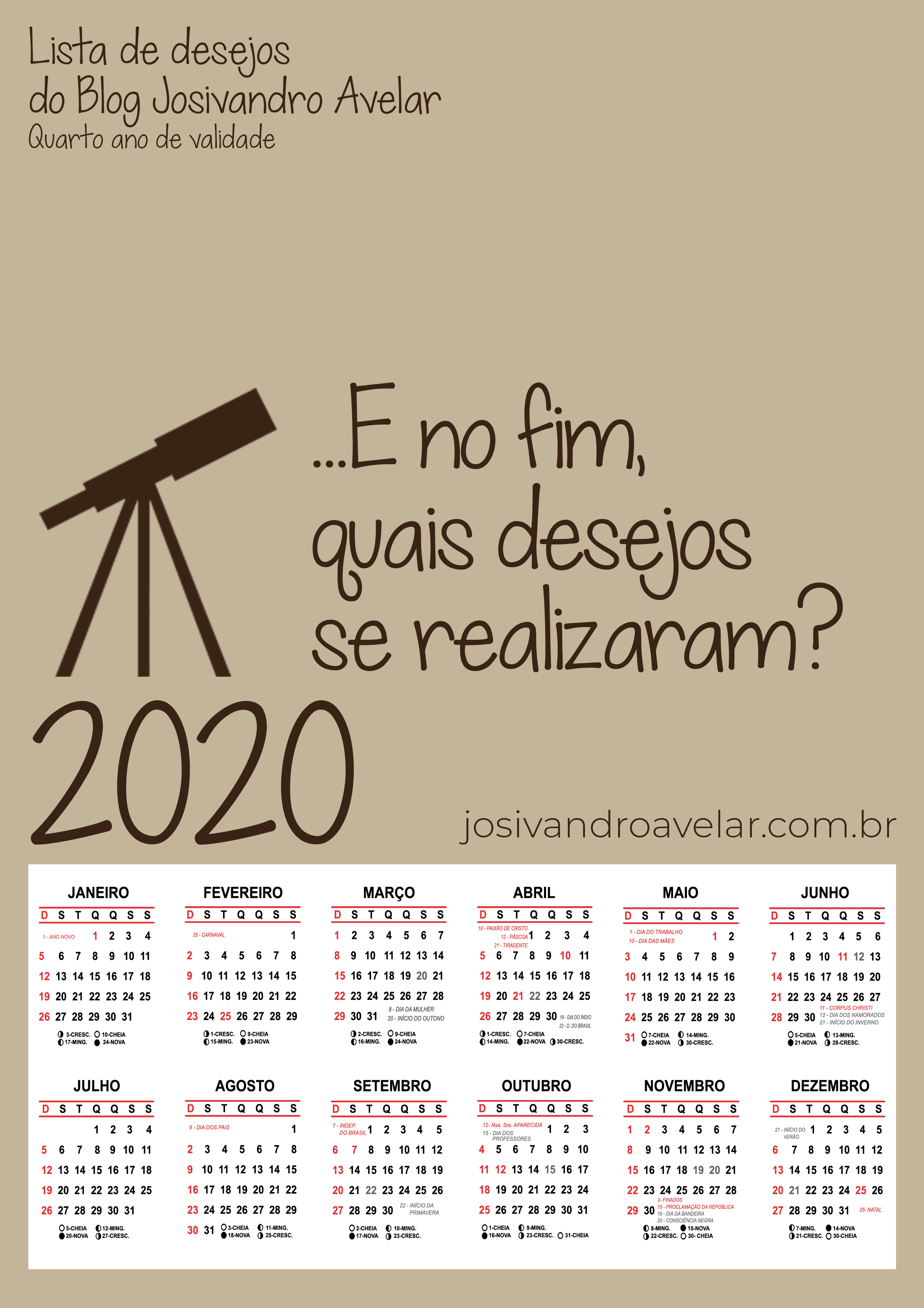 calendário lista de desejos 2020