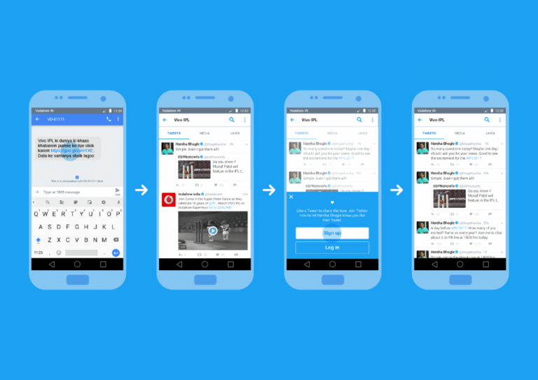 Progressive Web Apps: Por uma web mais appficada 1 Imagem de quatro celulares com telas do Twitter, em fundo azul.