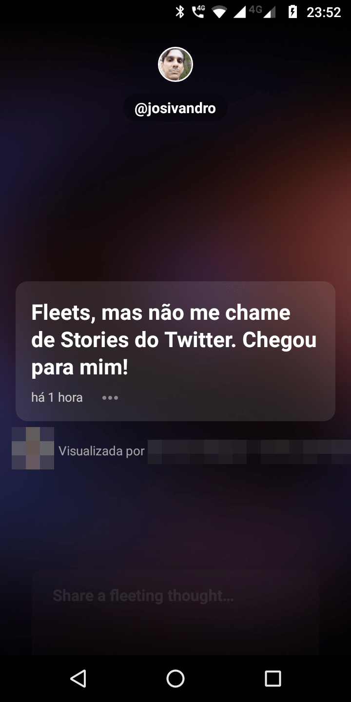 Stories que não deram certo: Twitter vai largar os Fleets 1 A imagem do primeiro dos muito poucos fleets de Josivandro Avelar. Stories do Twitter que não deram certo. Fim da descrição.