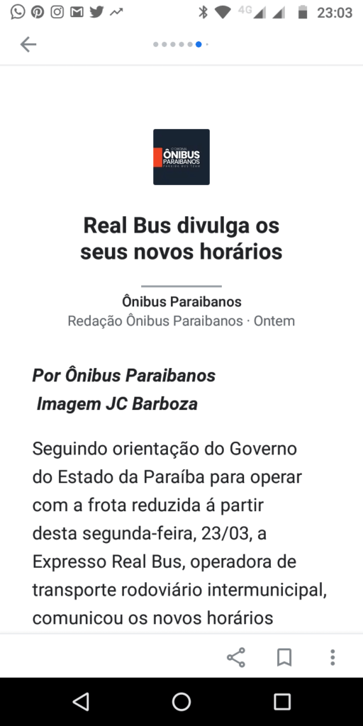 Um site que construí no Google Notícias? Sim! 4 Print de uma notícia do Ônibus Paraibanos no Google Notícias. Fim da descrição.
