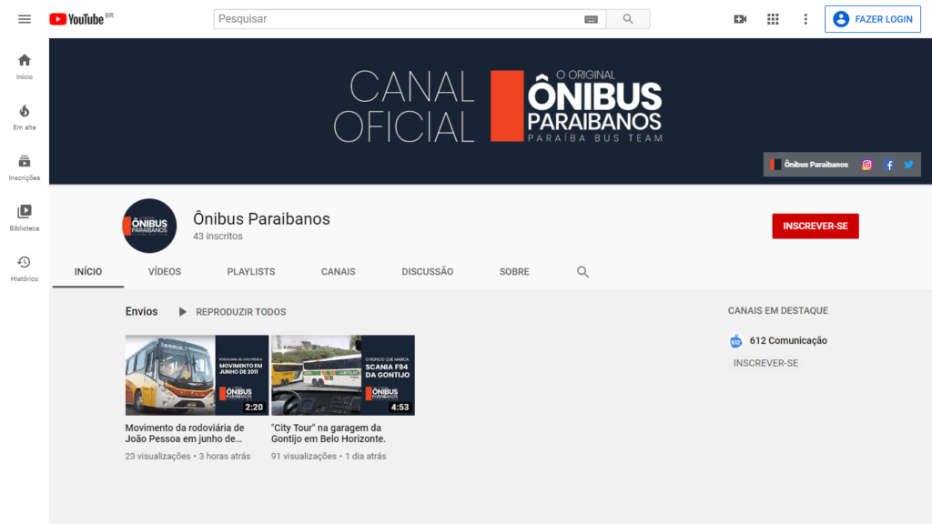 O Ônibus Paraibanos chegou no YouTube 1 Print do canal do YouTube do Ônibus Paraibanos. Fim da descrição.