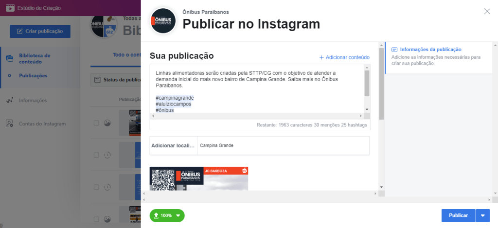Agendador do Facebook: Postando no Instagram pelo computador sem gambiarra 9 Exibição do agendador de posts do Instagram, com o texto adicionado com hashtags, respeitando as diretrizes determinadas. Fim da descrição.