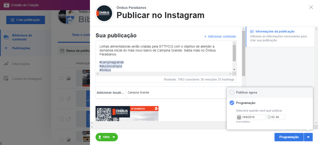Agendador do Facebook: Postando no Instagram pelo computador sem gambiarra 10 Exibição da ferramenta de agendamento do Instagram, mostrando a lista de posts que já foram ao ar e o que foi programado para entrar no ar. Fim da descrição.