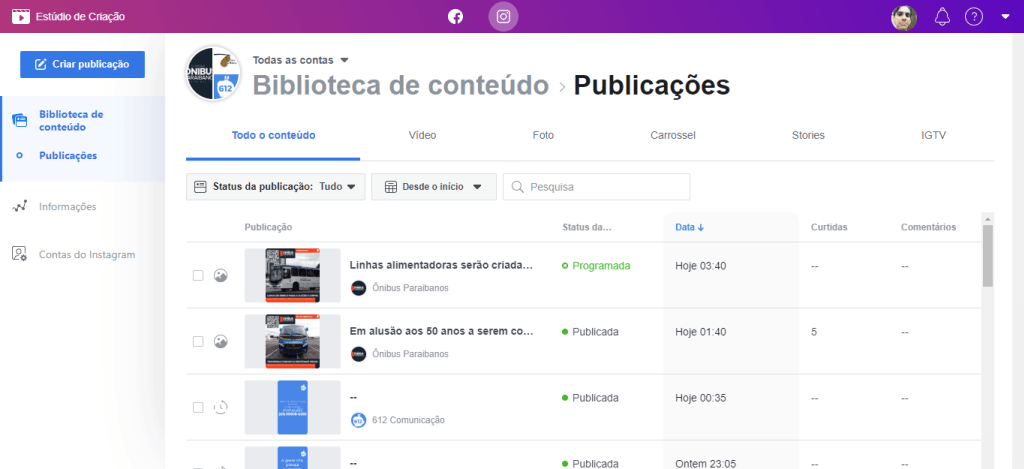 Agendador do Facebook: Postando no Instagram pelo computador sem gambiarra 11 Exibição do agendador de posts do Instagram, mostrando a lista de posts que já entraram no ar nas contas, além do post que foi programado. Fim da descrição.