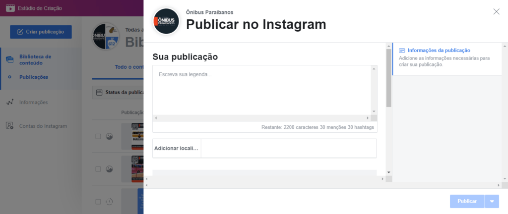 Agendador do Facebook: Postando no Instagram pelo computador sem gambiarra 6 Exibição do agendador de posts do Instagram, mostrando a caixa de texto e localização. Fim da descrição.
