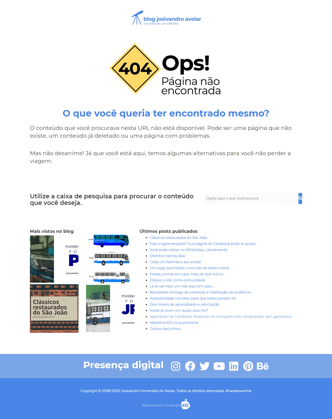O Elementor - de novo e mais uma vez - na minha vida 2 Página de erro do Blog Josivandro Avelar construída no Elementor. Fim da descrição.