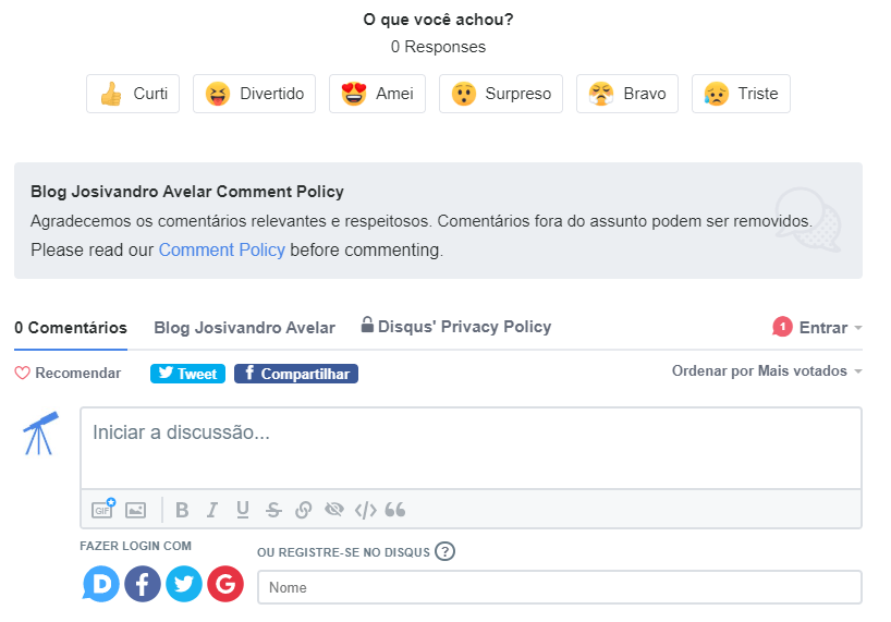 Disqus: o site como comunidade 2 Print de uma caixa de comentários do Disqus, semelhante as incorporadas abaixo de cada post do Blog Josivandro Avelar. Fim da descrição.