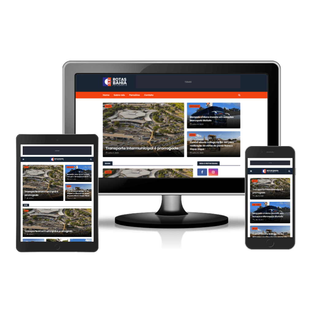 Rotas Bahia, mais um site fast entregue 1 Imagem mostrando um monitor de computador, um tablet e um celular exibindo o site Rotas Bahia. Fim da descrição.