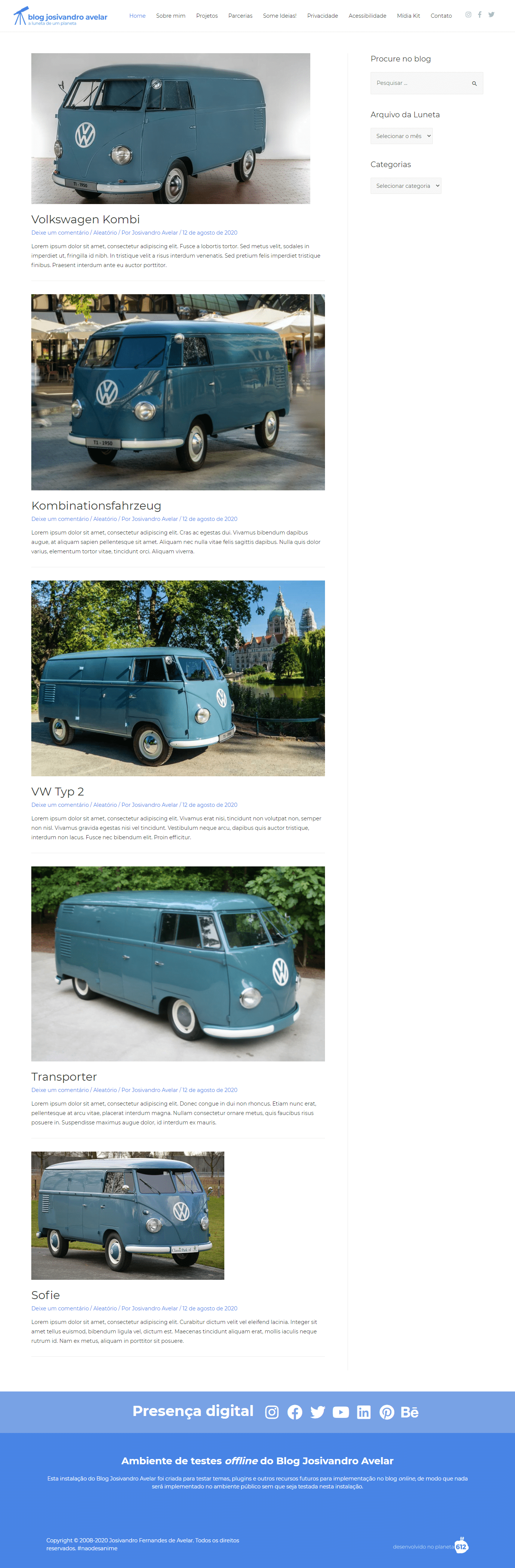 Alterações de Sofia 1 Print completo de um site que simula o Blog Josivandro Avelar desenvolvido para ambientes offline, com cinco imagens de Kombi. Fim da descrição.