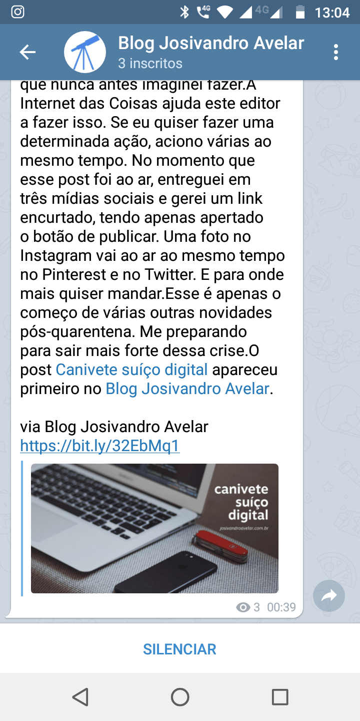 Inteligência artificial precisa de humanos 1 Print de tela do Telegram exibindo o canal do Blog Josivandro Avelar. Fim da descrição.