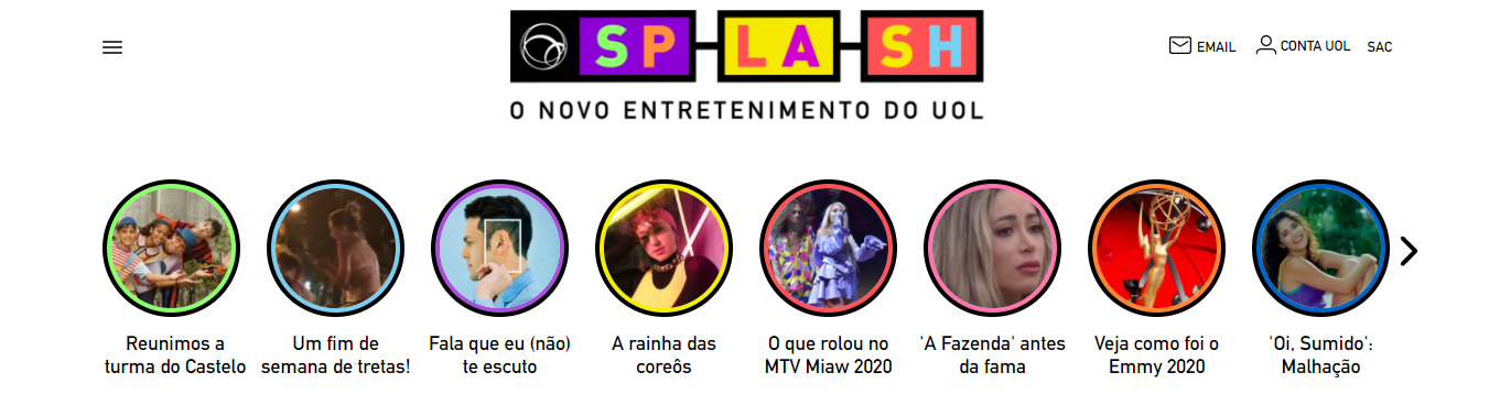 Vamos falar de web stories 5 Visão das web stories em destaque na página Splash, do UOL. Fim da descrição.