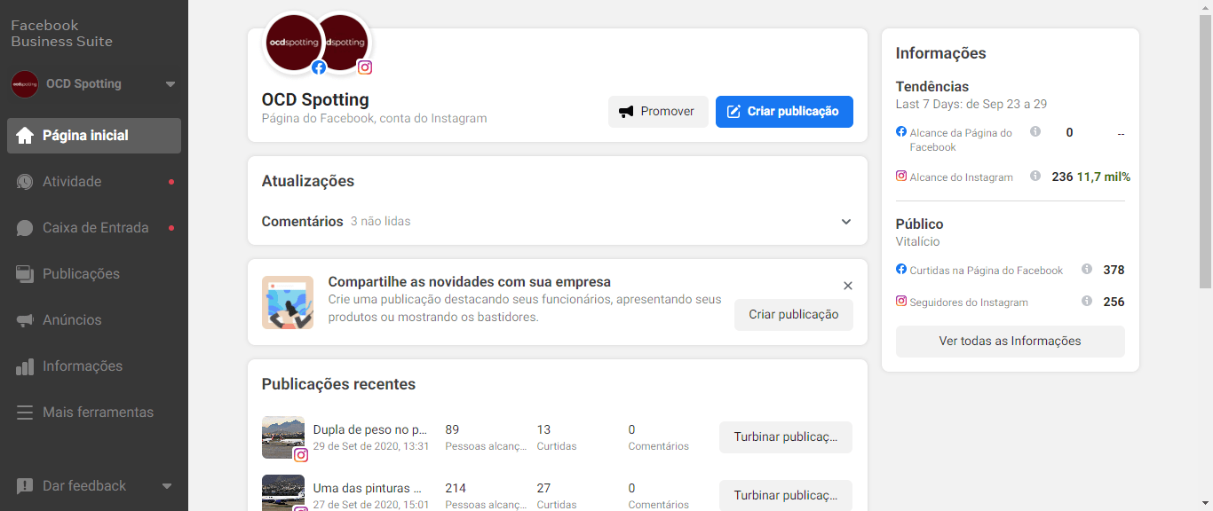 Business Suite: mão na roda 2 Print do painel do Facebook Business Suite exibindo as páginas do OCD Spotting. Fim da descrição.