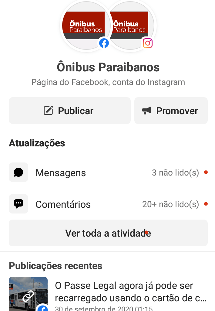 Business Suite: mão na roda 1 Print do aplicativo do Business Suite no Facebook exibindo as páginas do Ônibus Paraibanos. Fim da descrição.