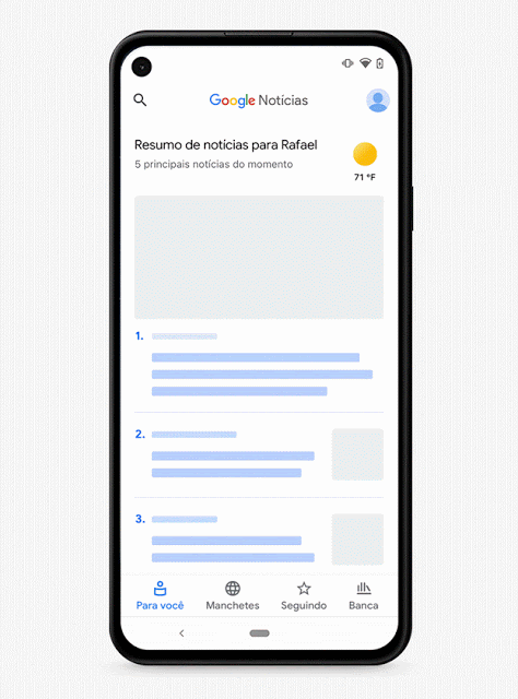 Para entender o Showcase; o novo programa de licenciamento do Google News 2 GIF exibindo o recurso Google News Showcase. Fim da descrição.
