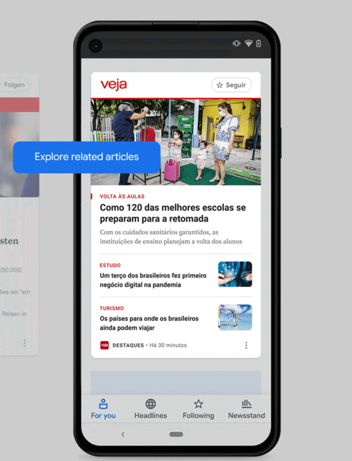 Para entender o Showcase; o novo programa de licenciamento do Google News 1 Tela exibindo o Google News Showcase, com manchetes da Veja. Fim da descrição.