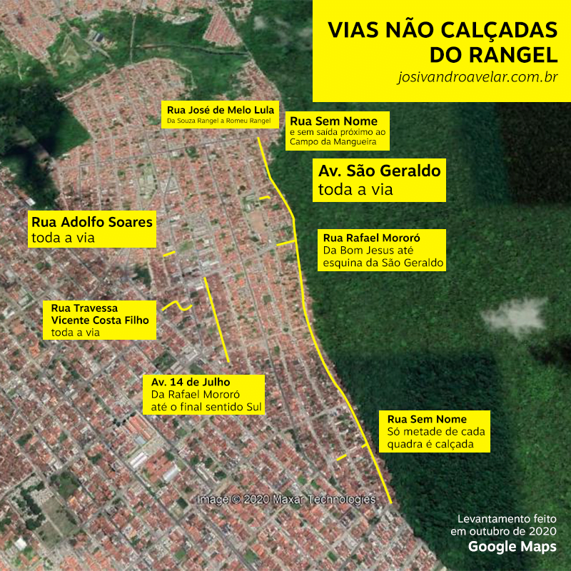 O mapa das vias não calçadas do Rangel 1 Mapa de vias não calçadas do Rangel, bairro de João Pessoa, Paraíba. As vias não calçadas estão indicadas por linhas amarelas. Fim da descrição.