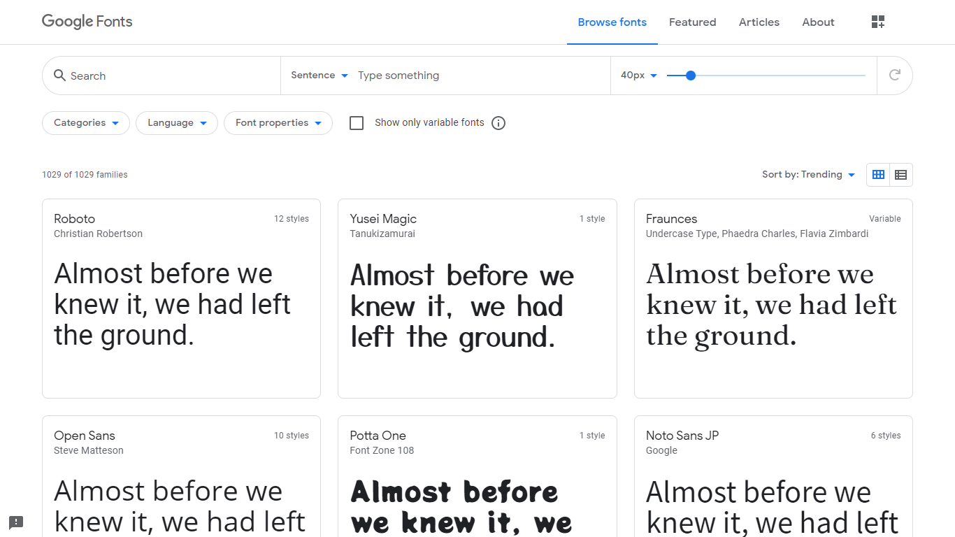 Onde posso baixar fontes gratuitas? 2 Print da página inicial do site fonts.google.com, onde você também pode baixar fontes gratuitas. Fim da descrição.