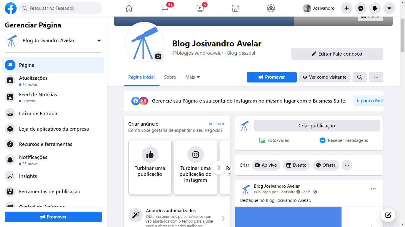 Como postar no Instagram pelo computador através do Facebook Business Suite 1 Print da fanpage do Blog Josivandro Avelar exibindo o banner do Facebook Business Suite. Fim da descrição.