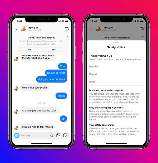 Instagram mais seguro para os jovens 2 Prints de telas do Instagram exibindo recursos de segurança para jovens. Janelas de segurança.