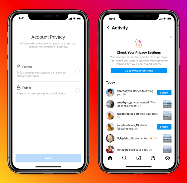 Instagram mais seguro para os jovens 3 Prints de telas do Instagram exibindo recursos de segurança para jovens. Atalhos de privacidade.