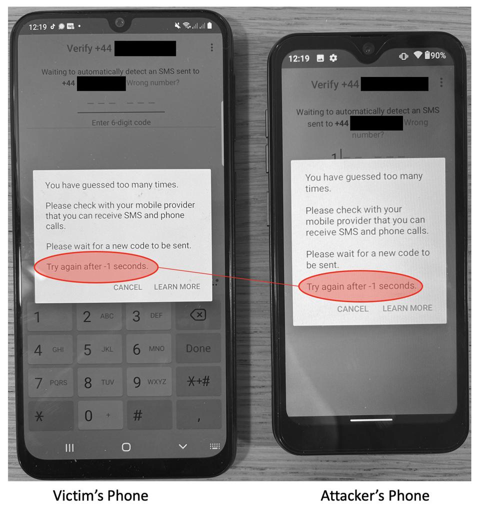 Como uma falha de segurança do WhatsApp pode bloquear a sua conta 5 Foto de dois telefones mostrando exploração de brecha do WhatsApp. Fim da descrição.