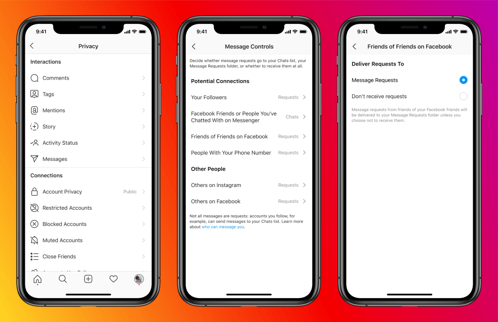 Que recursos foram adicionados na integração Instagram e Messenger? 3 Telas que mostram as configurações de privacidade de mensagens do Instagram. Fim da descrição.