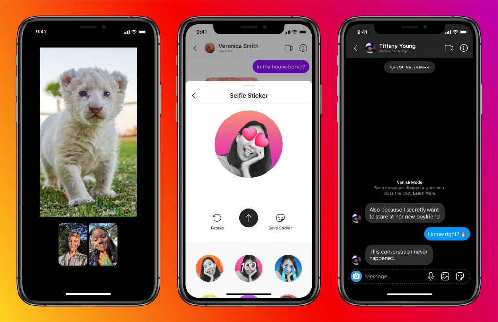 Que recursos foram adicionados na integração Instagram e Messenger? 2 Telas que exibem recursos do Messenger no Instagram. Fim da descrição.