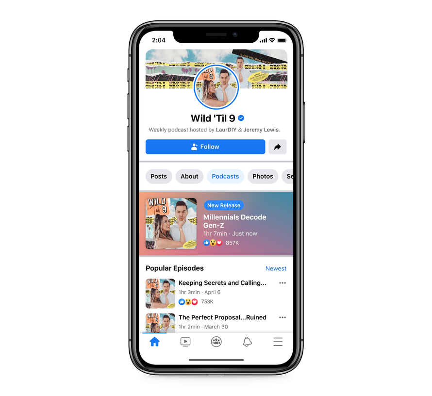 O Luneta Sonora agradece: Facebook vai ganhar novos recursos de áudio 1 Ilustração de celular exibindo o recurso de podcast. Fim da descrição.