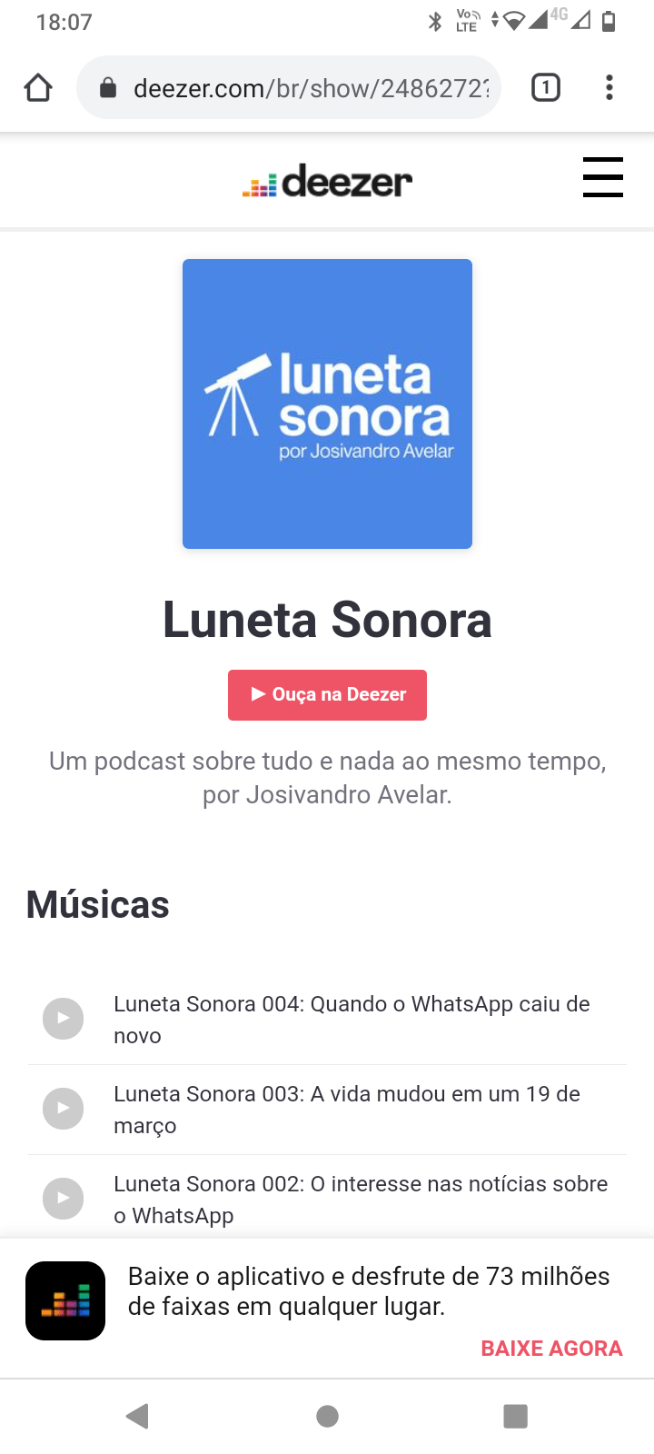 Luneta Sonora em mais uma plataforma de áudio 1 Print do Luneta Sonora na plataforma de áudio Deezer. Fim da descrição.