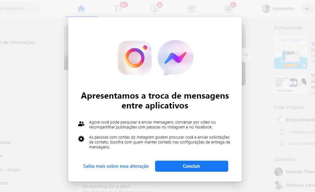 O que é a integração do Instagram com o Messenger? 1 Print do Facebook mostrando uma janela da integração dos aplicativos. Fim da descrição.
