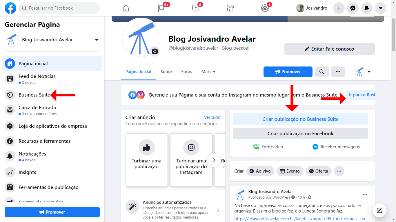 Stories do Instagram no computador sem gambiarra 1 Print da página do Blog Josivandro Avelar no Facebook com várias páginas apontando para os atalhos do Business Suite. Fim da descrição.