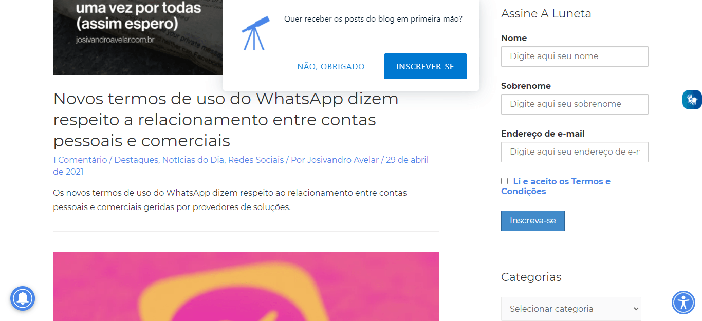 Quer receber os posts do blog em primeira mão? Segue a dica 1 Imagem do blog exibindo os recursos de inscrição: janela pop-up, sininho e espaço na barra lateral para inscrição para newsletter. Fim da descrição.