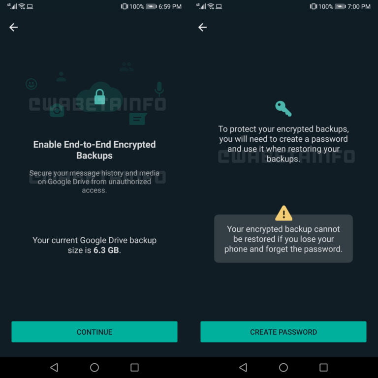 Backups mais seguros no WhatsApp 1 Telas de backup criptografado do WhatsApp. Print WABetaInfo. Fim da descrição.