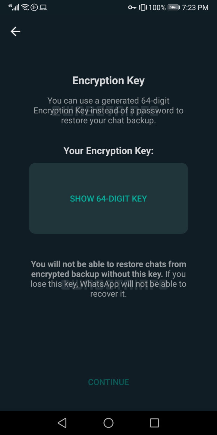 Backups mais seguros no WhatsApp 2 Backup pode ser protegido por uma chave de 64 caracteres. Print WABetaInfo. Fim da descrição.