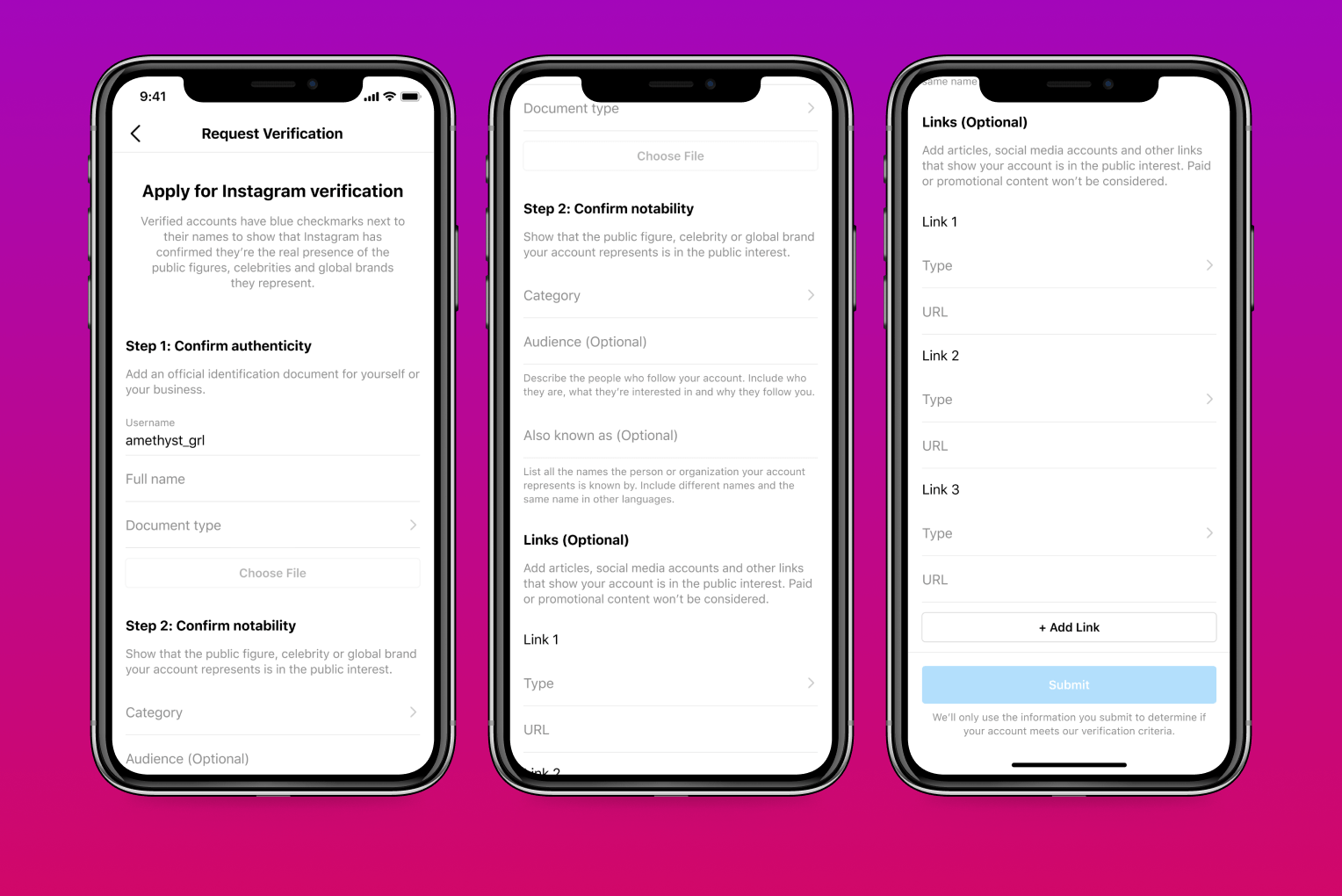 Como funciona a verificação de contas do Instagram (explicado pelo Instagram) 1 Telas de solicitação de verificação de contas do Instagram. Fim da descrição.