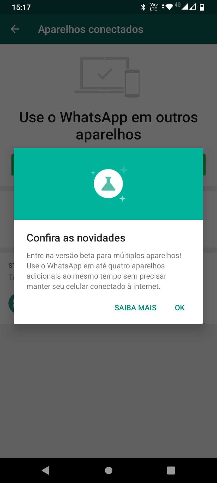 WhatsApp em múltiplos aparelhos liberado para todos - ainda em beta 1 Print do WhatsApp com o pop-up do beta para múltiplos aparelhos. Fim da descrição.