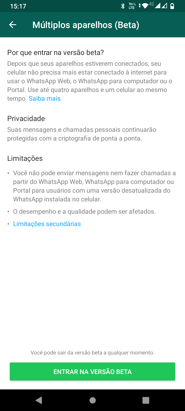 WhatsApp em múltiplos aparelhos liberado para todos - ainda em beta 2 Print da função de múltiplos aparelhos do WhatsApp Beta. Fim da descrição.