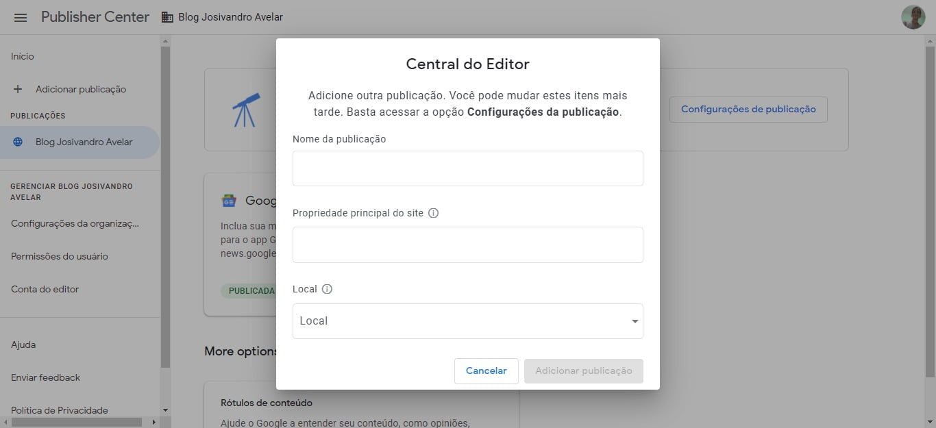 A interface do Publisher Center do Google Notícias. Central do Editor, por onde você adiciona um site.