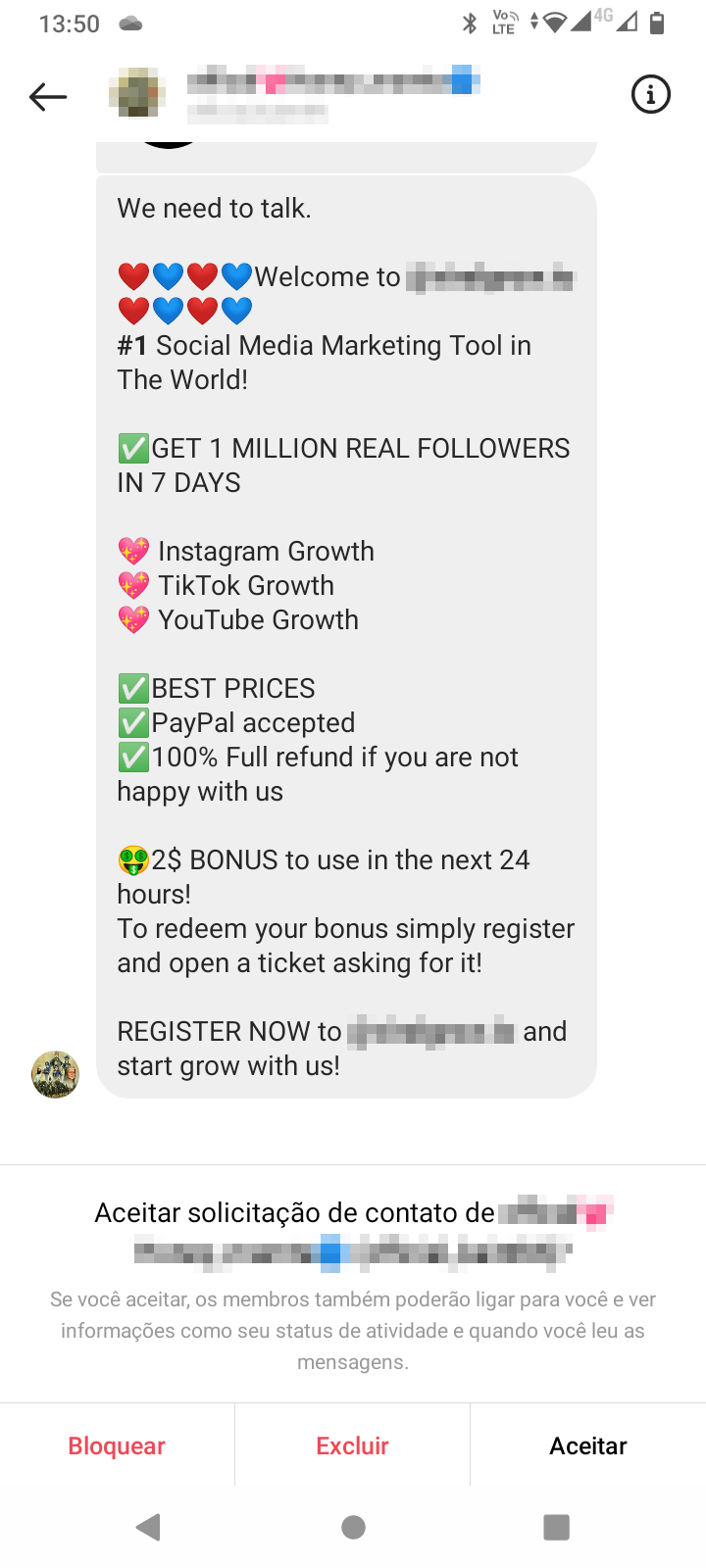 #spammersgoaway: o spammer do vendedor de seguidores 1 Mensagem suspeita que eu recebi no Instagram, de vendedor de seguidores. Nem precisa dizer que eu bloqueei, não é?