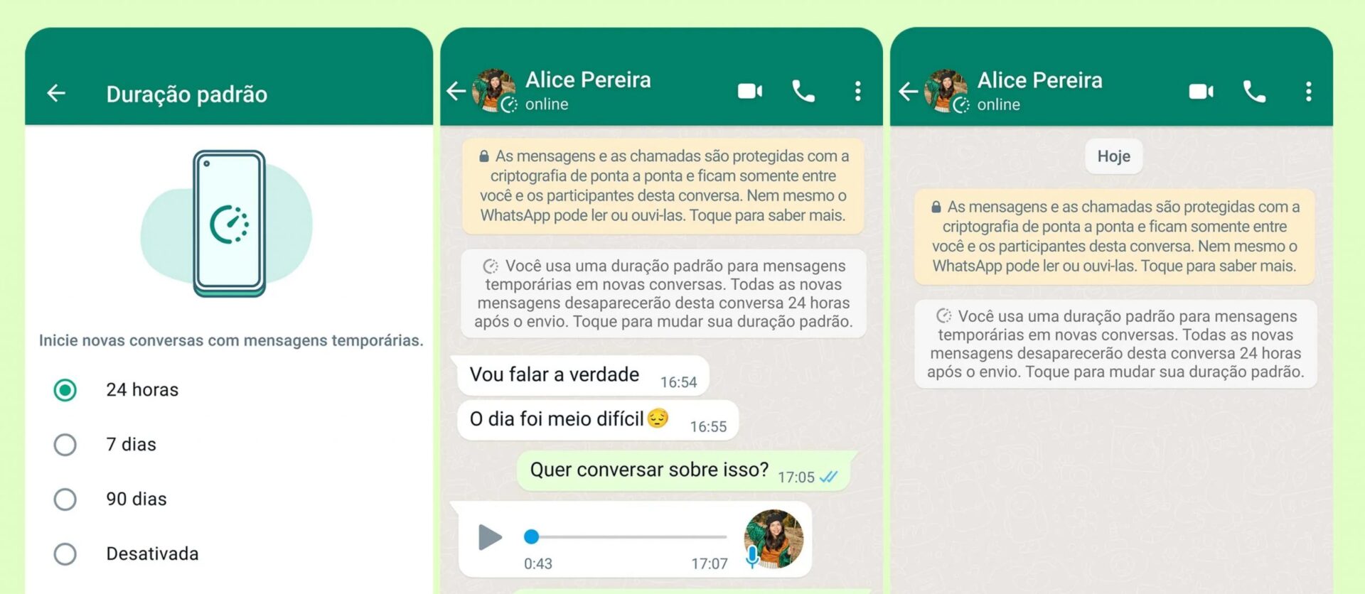 Mensagens temporárias no WhatsApp: recurso ampliado e com mais opções 1 Demonstração das mensagens temporárias no WhatsApp. Fim da descrição.