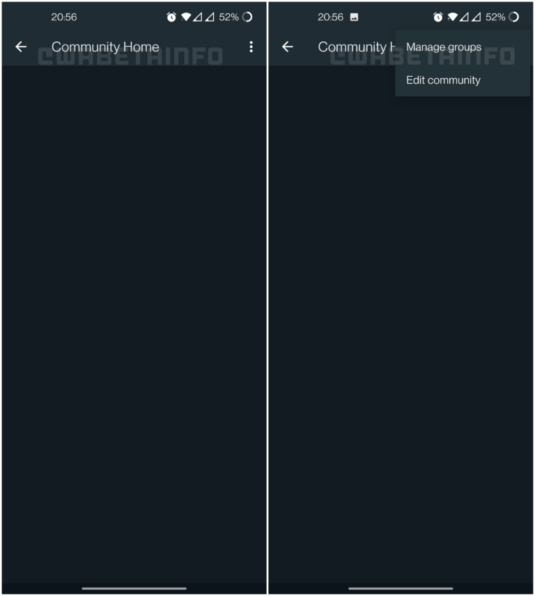 Comunidades do WhatsApp: a que pé andam os testes? 2 Prints do espaço de gerenciamento de comunidades no WhatsApp obtidos pelo WABetaInfo.