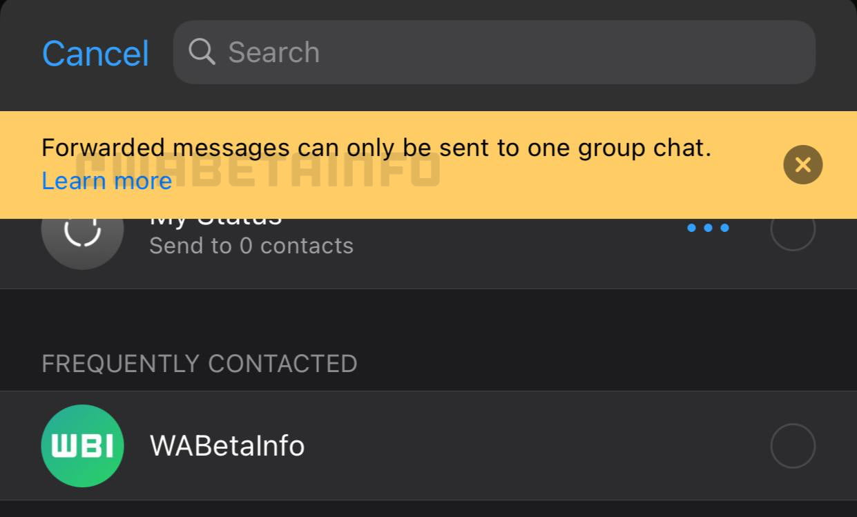 WhatsApp vai limitar encaminhamento de mensagens (ainda mais do que já é limitado) 1 Encaminhamento de mensagens pode ficar mais trabalhoso no WhatsApp. Print do WABetaInfo.
