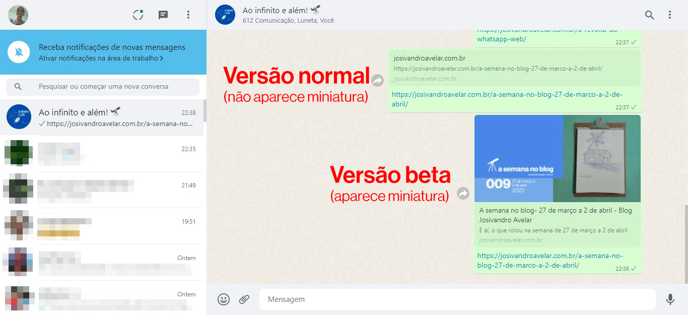 WhatsApp Web não exibe as miniaturas dos links. Ainda 1 Miniaturas dos links no WhatsApp Web.